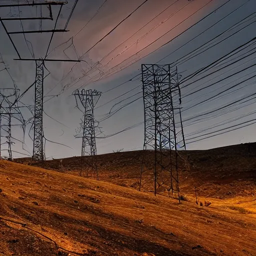 Image similar to biodiversity spawned from the ashes of spiralling dust and fire emerging from the huge valley piles of wires an cable litter the landscape , volumetric lighting shines through the smoke filled sky