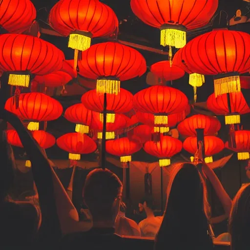 Image similar to night club, five red chinese lanterns, people's silhouettes close up, wearing white t - shirts that glow in the dark, minimalism, dark