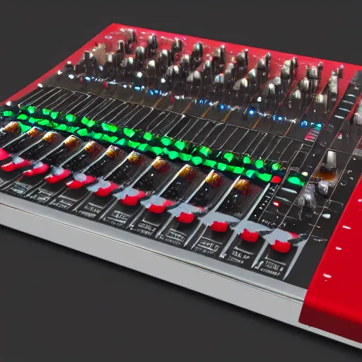 Image similar to sp - 4 0 4 audio mixer made of chrome with crimson - black anodized - metal highlights, rendered in blender, 8 k, award winning product advertising still