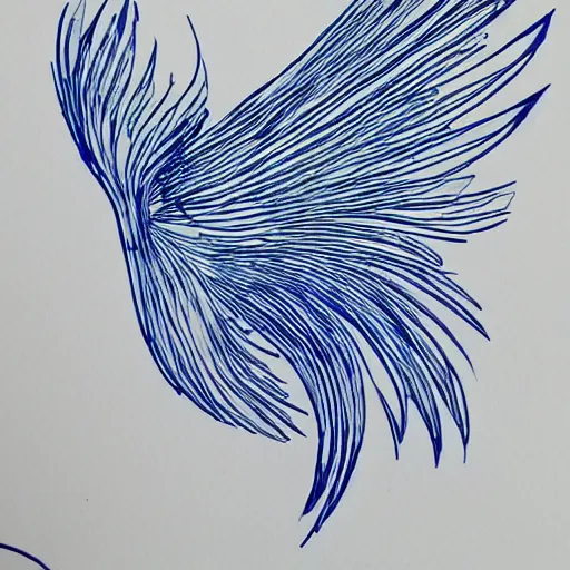 Image similar to single line drawing of a phoenix, blue ink pen