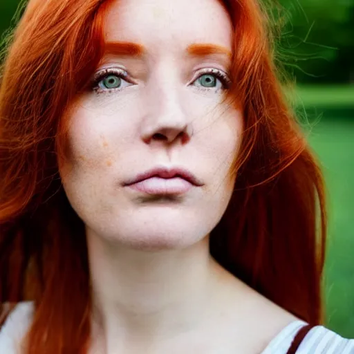 Image similar to close up photo of the left side of the face of a redhead woman who looks directly at the camera. Slightly open mouth. Whole head visible and covers half of the frame, with a park visible in the background. 135mm nikon. Intricate. Very detailed 8k. Sharp. Cinematic post-processing.