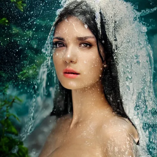 Image similar to beautiful woman, white transparent veil black hair, showering in a waterfall, swimming, ethereal, emotive, fine art, water mist, mystical, Romanticism, natural light, cinematic lighting, ultra detailed, highly detailed, sharp focus, golden background with flowers, golden jewelry with blue sapphires, photographic, art by artgerm and greg rutkowski and zdislav beksinski