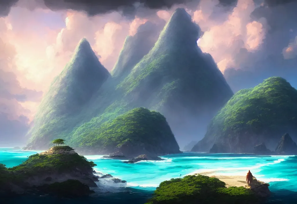 Prompt: island surrounded by ocean, large mountain covered in jungle, epic blue sky, vast ocean, cinematic view, concept art, high detail, well lit, volumetric, godrays, vivid, trending on artstation, by jordan grimmer, art greg rutkowski