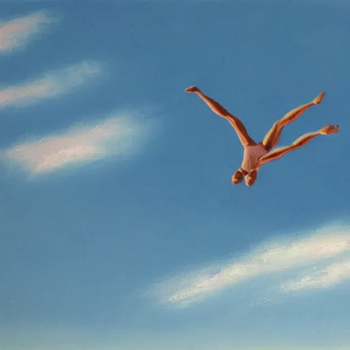 Prompt: A horizontal wide shot of ((Tom Pretty)) free falling from the sky, photorealistic, blue sky