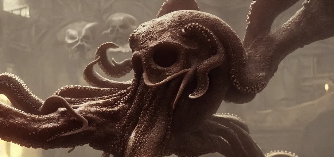 Prompt: an octopus in the shape of a skull [ foggy ] [ cinematic shot ] [ photo still from movie by denis villeneuve ] [ wayne barlowe ]