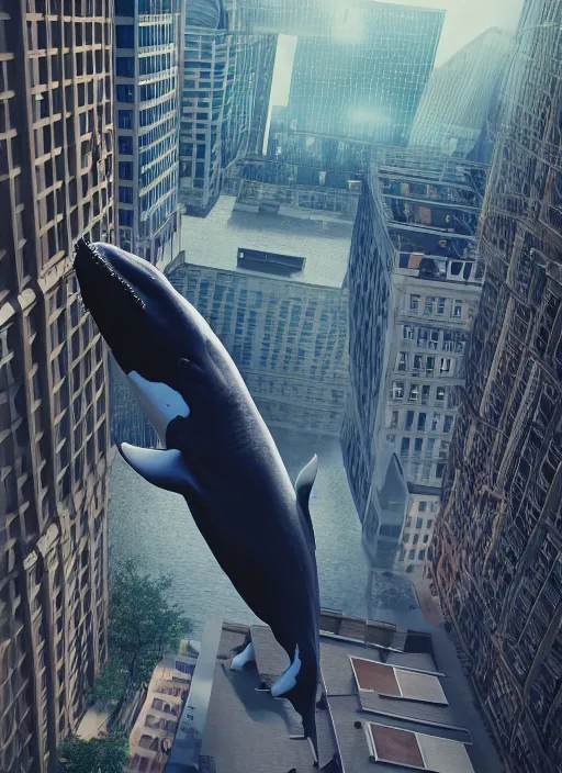 Image similar to whale flying over a building, wearing fashion clothing, id magazine, hyperrealism, detailed textures, photorealistic, 3 d city, ultra realistic, cinematic, intricate, cinematic light, unreal engine 8 k, octane render, unreal engine, david kostic, artgerm