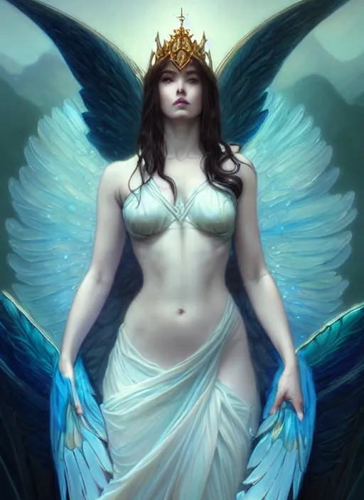 Image similar to a beautiful cinematic female archangel queen, fantasy sea landscape, fantasy magic, short aqua blue black fade hair, dark light night, intricate, elegant, sharp focus, illustration, highly detailed, digital painting, concept art, matte, art by WLOP and Artgerm and Greg Rutkowski and Alphonse Mucha, masterpiece