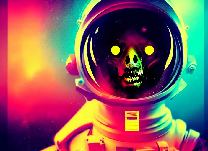 Image similar to portrait of a zombie astronaut girl, colorful, modern art deco, mads berg, karolis strautniekas, christopher balaskas, stippled light, fog, moody, fine texture, editorial illustration, dramatic lighting, dynamic composition, detailed, matte print, dynamic perspective, muted color