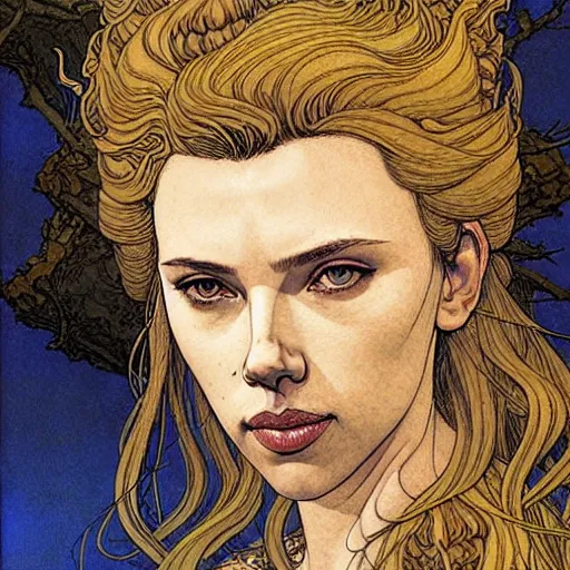 Image similar to a realistic, very beautiful and atmospheric portrait of scarlett johansson as a druidic warrior wizard looking at the camera with an intelligent gaze by rebecca guay, michael kaluta, charles vess and jean moebius giraud