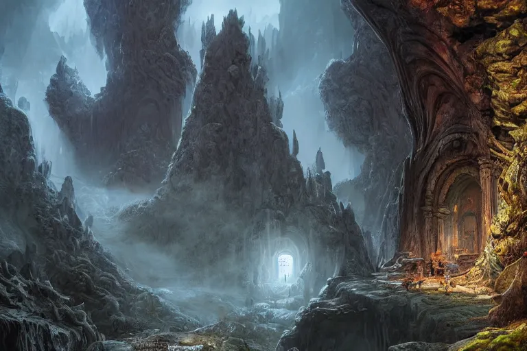 Prompt: A hyper realistic detailed matte painting of the entrance to a dungeon of the maw at the base of a psychedelic monolith, dramatic lighting, dynamic lighting, cinematic lighting, lit by morning light, by Raphael Lacoste and John Howe and Jonathan Berube, unreal engine, featured on artstation, ultrawide angle, polarizer filter, crowd of mushrooms