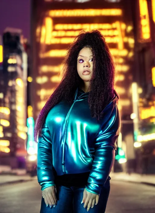 Prompt: A hyper realistic and detailed head portrait photography of curvy raven-hair young woman in a iridescent hoodie on a futuristic street. by Annie Leibovitz. Neo noir style. Cinematic. neon lights glow in the background. Cinestill 800T film. Lens flare. Helios 44m