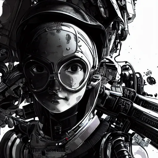 Prompt: highly detailed portrait of a post-cyberpunk robotic young lady with space helmet and wired cybernetic face modifications, robotic limbs, by Akihiko Yoshida, Greg Tocchini, Greg Rutkowski, Cliff Chiang, 4k resolution, persona 5 inspired, dull misty brown black and white color scheme with sparking stray wiring