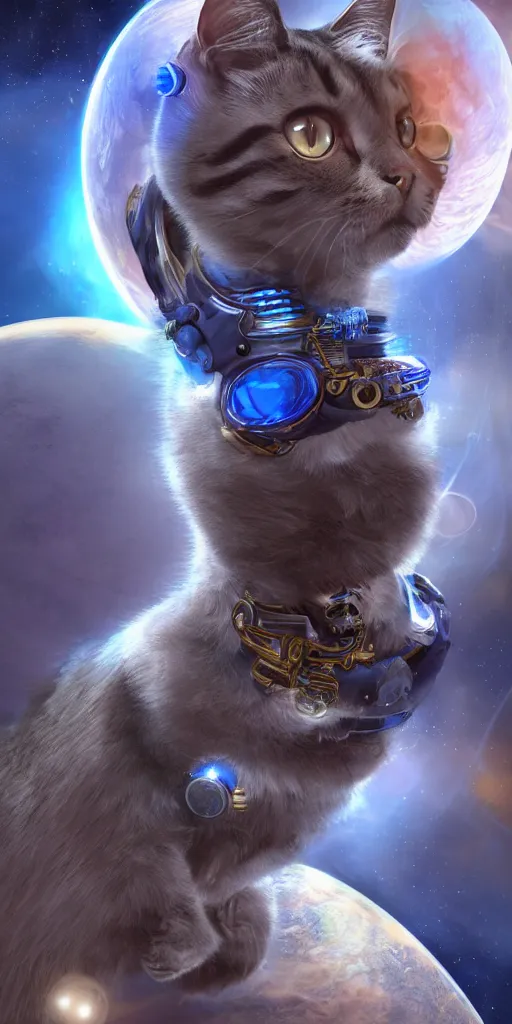 Prompt: A cat with beautiful blue eyes flying in a steampunk space suit over the Saturn planet, digital illustration, concept art, 8k, trending on artstation, highly detailed