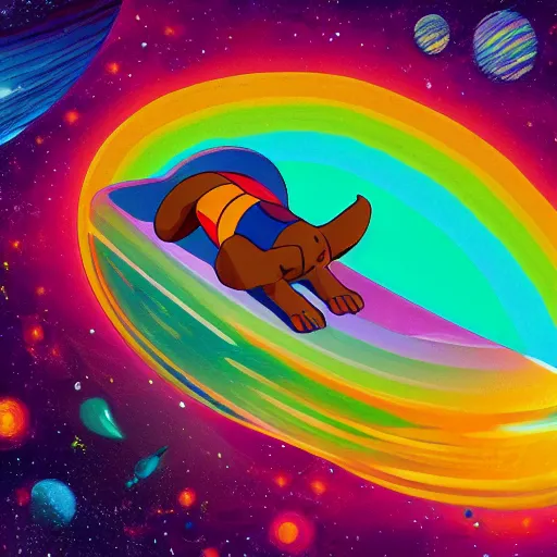 Image similar to space Dachshund floating of away from the earth, complex wavy rainbow lines, particles and distortion, in the style of Ori Toor