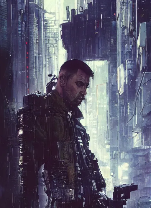 Image similar to cyberpunk military character jitters ( blade runner 2 0 4 9, dystopian, cyberpunk 2 0 7 7 character design ), modern warfare, attractive face. portrait by james gurney and laurie greasley and yoji shinkawa, oil on canvas. cinematic composition, hyper realism, realistic proportions, anatomy, dramatic lighting, photorealistic, high detail, 4 k