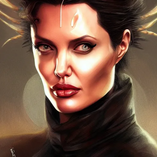 Image similar to Angelina Jolie as Lucifer Morningstar, highly detailed, digital painting, artstation, concept art, smooth, sharp focus, illustration, ArtStation, art by Katsuhiro Otomo and Tom Bagshaw