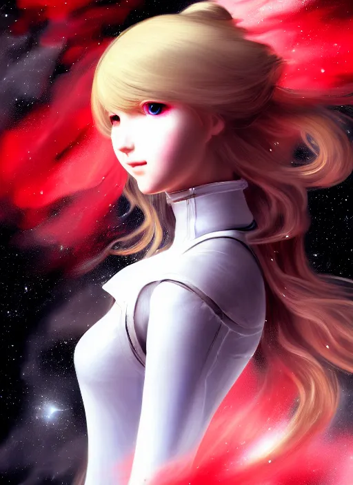 Prompt: highly detailed portrait of a hopeful pretty astronaut lady with a wavy blonde hair, by Fernand Toussaint , 4k resolution, nier:automata inspired, bravely default inspired, vibrant but dreary but upflifting red, black and white color scheme!!! ((Space nebula background))