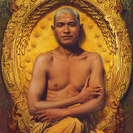 Image similar to highley detailed old srilankan buddhist monk drowning in liquid gold in baroque style, painting by gaston bussiere, craig mullins, j. c. leyendecker, lights, art by ernst haeckel, john william godward, hammershøi,