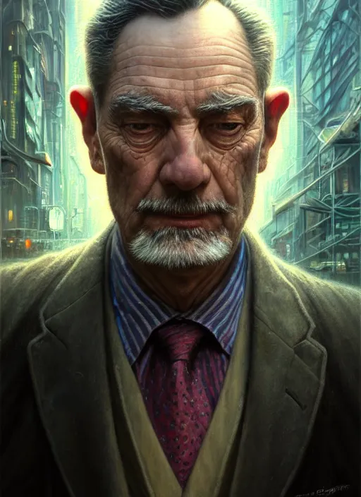 Prompt: closeup portrait shot of an aging detective in a scenic cyberpunk mystery environment, intricate, elegant, highly detailed, centered, digital painting, artstation, concept art, smooth, sharp focus, illustration, artgerm, tomasz alen kopera, peter mohrbacher, donato giancola, joseph christian leyendecker, wlop, boris vallejo