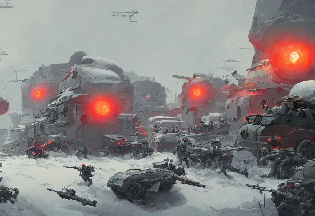 Prompt: war battle at WWII, dynamic composition, cinematic lighting, snow storm, warm and vibrant colors, art by Goro Fujita and Simon Stalenhag , 8k, trending on artstation, hyper detailed, cinematic