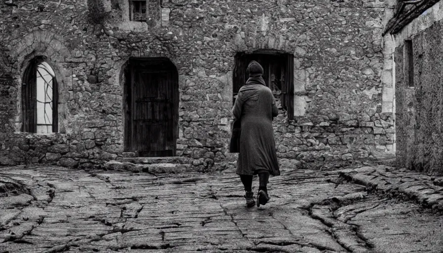 Image similar to Old lady walking in an empty abandoned medieval village at rainy day, muddy road, grey sky, damaged wooden houses, hyperdetailed, artstation, cgsociety, 8k