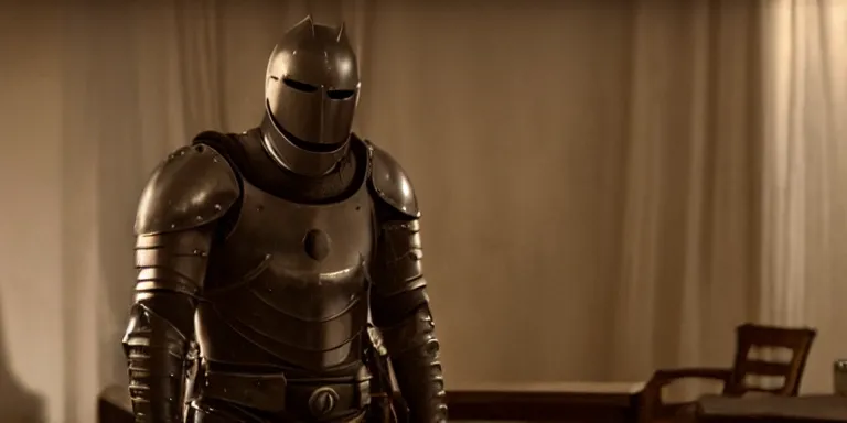 Image similar to still frame from a movie, wide shot of an relieved ben affleck in a 15th century knight suit, centerframe, medieval background, rule of third, alexa 65, cooke prime 25mm, cinematic, film grain, flare
