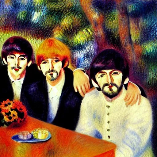 Image similar to Painting of The Beatles, in the style of Renoir