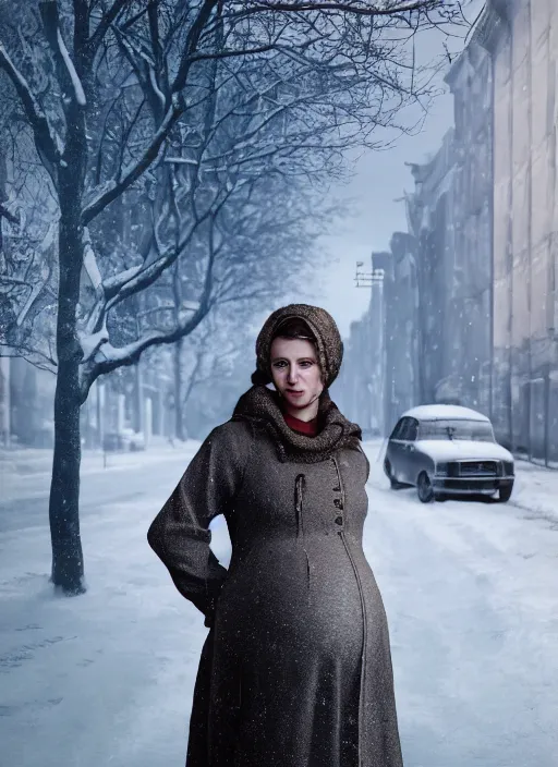 Prompt: full-length portrait of a pregnant woman on the street of besieged Leningrad, historically reliable photo chronicle, winter 1941, , ultra detailed, digital art, octane render, 4K, dystopian, micro details