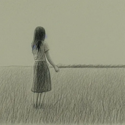 Image similar to pencil sketch of girl standing in field, peaceful, calm, serene