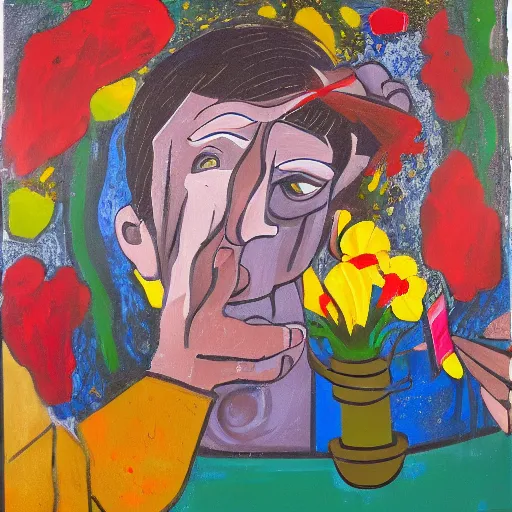 Image similar to man pouring water on head, flowers are in a pot on his head, the pot is part of his head, abstract expressionism, oil on canvas