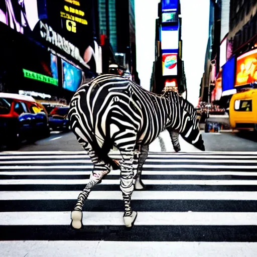 Prompt: a 35mm photo of a beautiful zebra (animal) walking nicely across a zebra crossing in times square