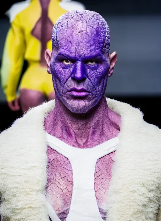 Image similar to hyperrealistic and heavy detailed off white avant garde runway show of thanos ( marvel comics ), leica sl 2 5 0 mm, vivid color, high quality, high textured, real life