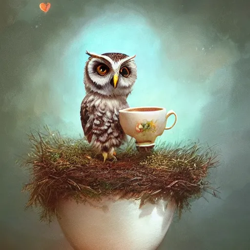 Image similar to long shot of a very cute owl chick nesting in a very romantique cup, by esao andrews, humorous illustration, hyperrealistic, big depth of field, warm colors, night scenery, low light, 3 d octane render, 4 k, conceptart, hyperdetailed, hyperrealistic, trending on artstation