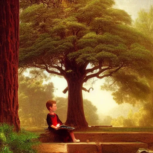 Prompt: a beautiful tall tree growing in the middle of an ancient Victorian library. a child reading a book under a library tree. by Albert Bierstadt, ultra-realistic, 4K, featured on artstation