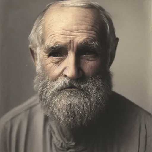 Prompt: highly detailed portrait of an old man with a grey beard and wrinkled face looking solemnly at the camera