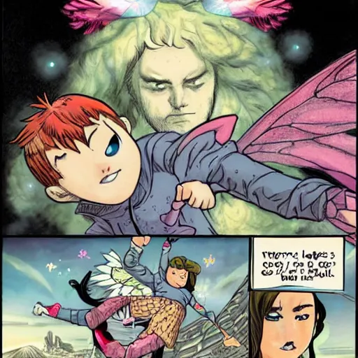 Image similar to flying fairy fighting against dragon demon in style of bryan lee o'malley