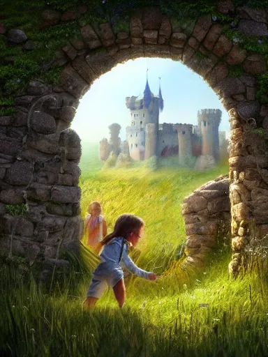 Image similar to children playing inside a meadow inside the castle walls. intricate, elegant, highly detailed, digital painting, artstation, concept art, sharp focus, illustration, by justin gerard and artgerm, 8 k