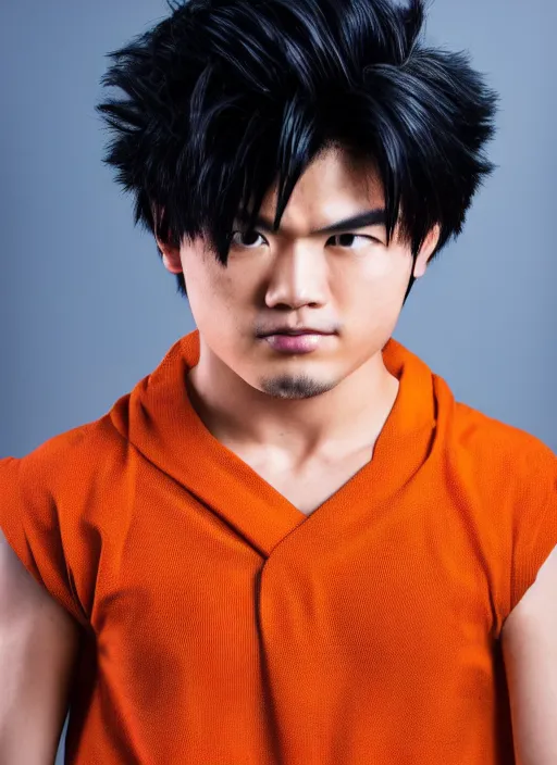 Prompt: a full portrait photo of son goku, f / 2 2, 3 5 mm, 2 7 0 0 k, lighting, perfect faces, award winning photography.