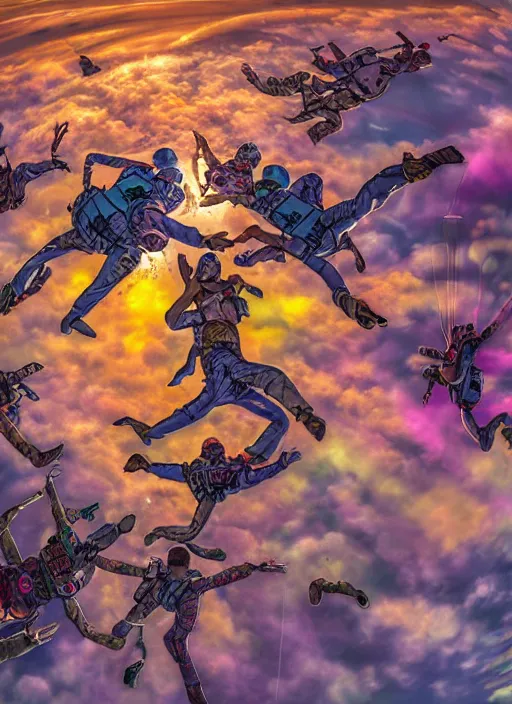 Image similar to An epic fantastic realism comic book style painting of hippies skydiving over the pentagon on acid, fisheye lens, unreal 5, DAZ, hyperrealistic, octane render, dynamic lighting