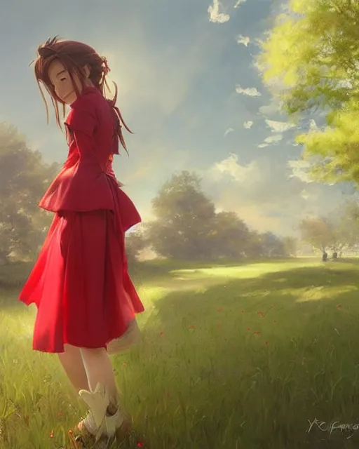 Image similar to aerith gainsborough in red cottagecore dress, portrait, illustration, rim light, top light, perfectly shaded, spring time, slight overcast lighting, soft painting, art by krenz cushart and wenjun lin