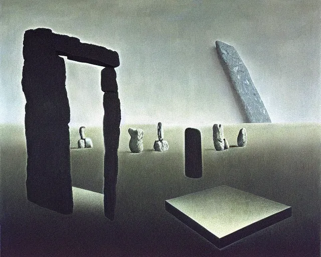 Prompt: painting of Stonehenge by Yves Tanguy, underneath a painting of a spaceship by Beksinski