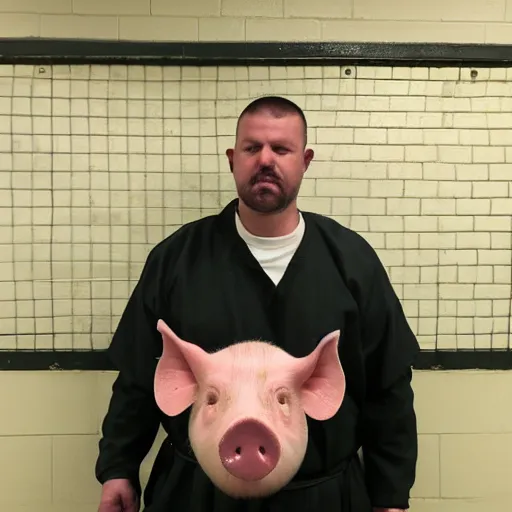 Prompt: inmate with pig head