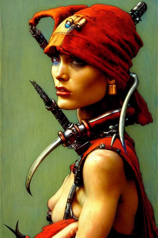 Image similar to full character portrait max mad cyberpunk warhammer 4 0 k, warrior marine the girl with the pearl earring character design, painting by gaston bussiere, katsuya terada, frank frazetta, gerald brom, mucha, tom of finland, trending on artstation