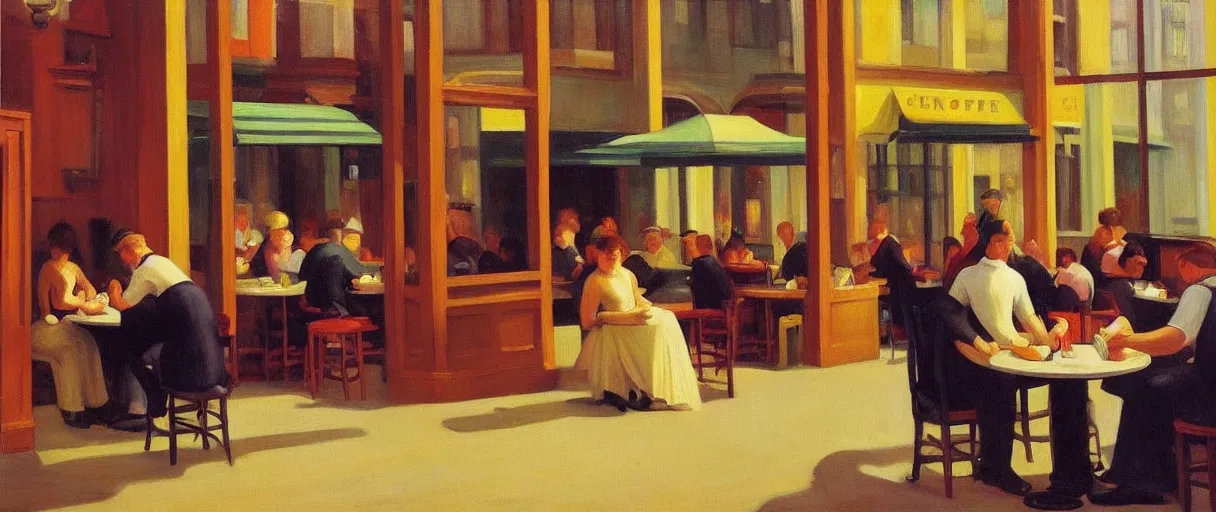 Image similar to street corner cafe, floor to ceiling window, people scattering inside, sunday afternoon, warm lighting, vivid ambience, oil painting, by edward hopper