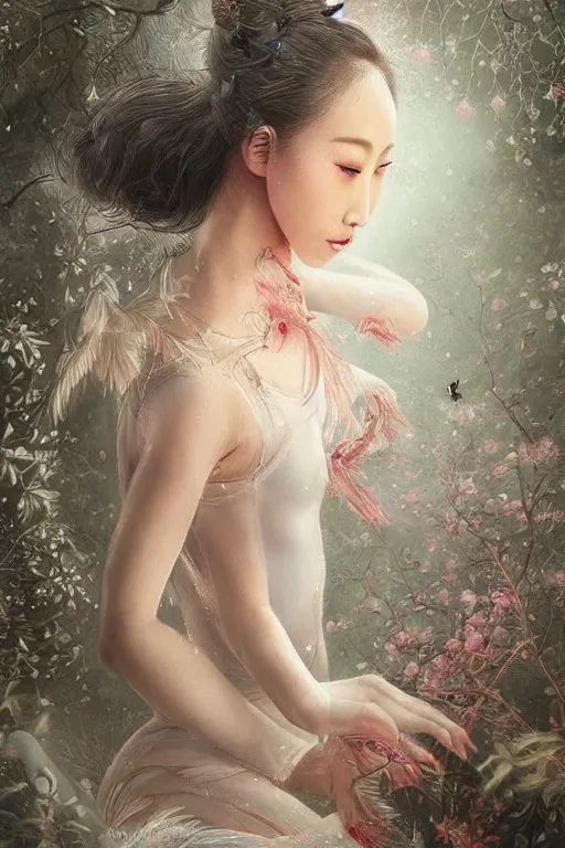 Image similar to chinese prima ballerina, gorgeous, ethereal, intricate, elegant, volumetric lighting, nature scenery, digital painting, highly detailed, artstation, sharp focus, illustration, concept art, clive barker