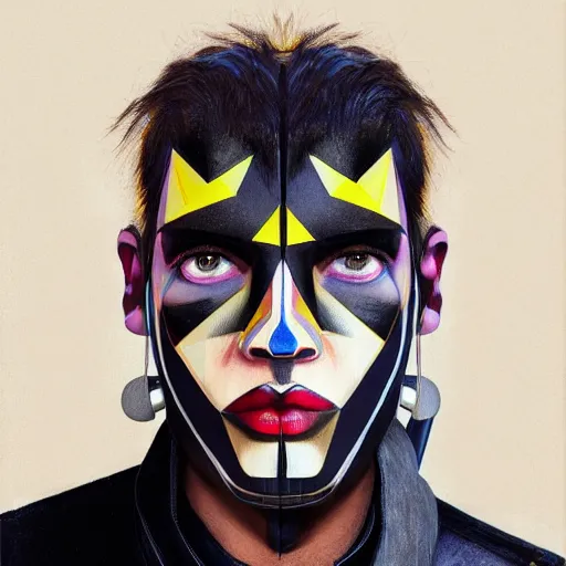 Prompt: an award finning closeup facial portrait by akseli kallen gallela luis rogyo and john howe of a handsome male cyberpunk traveller clothed in excessivelyg fashionable 8 0 s haute couture fashion and wearing a striking geometric face paint