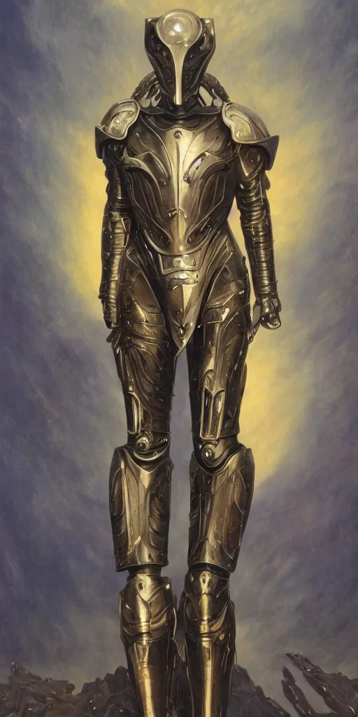 Image similar to full body portrait of beautiful gothic and futuristic fashion model, open space armour, cyber armour, highly detailed, artstation, illustration, composition, 8 k quality, art by jean delville, rene magritte, hyperrealism oil painting