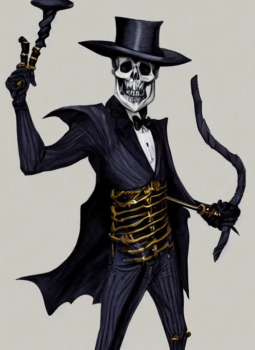 Prompt: DND character art, skeletal male figure, wearing a deep black suit!!! and tie and top hat, holding a gold! cane!. blue!!! flames!!