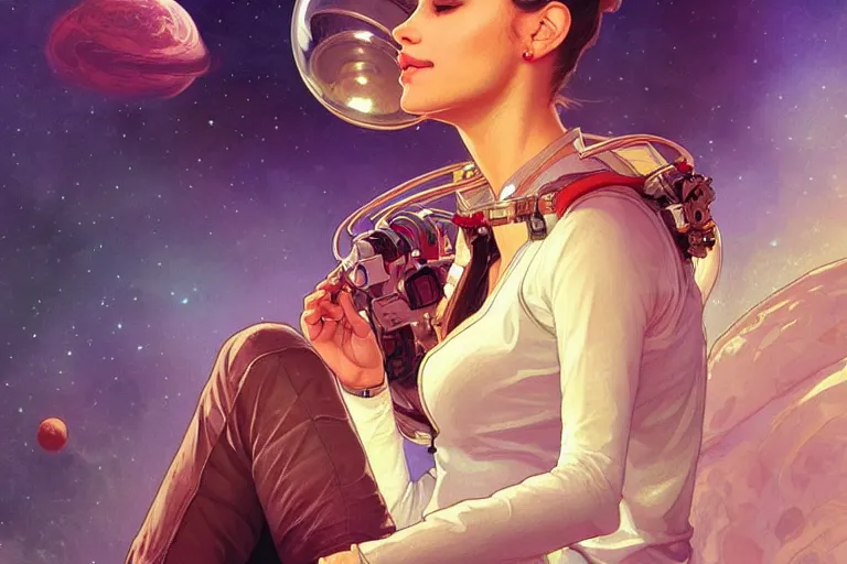 Image similar to Sensual good looking pale young Indian doctors wearing jeans in a space station above Earth, portrait, elegant, intricate, digital painting, artstation, concept art, smooth, sharp focus, illustration, art by artgerm and greg rutkowski and alphonse mucha