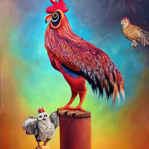 Image similar to hybrid bird cross between rooster and an owl detailed oil painting luminescent magical realism 4 k